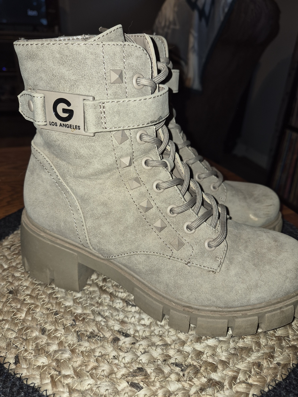 GBG Los Angeles Taupe Suede Lug-Heel Lace-Up Boot